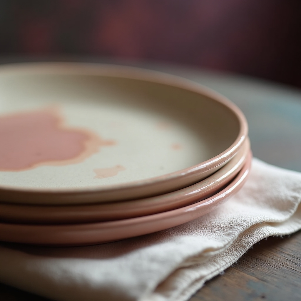 Dettaglio di piatti in ceramica artigianale impilati con smalto chiaro