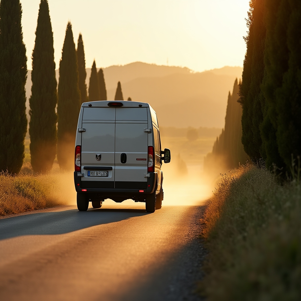Furgone Pelandro in transito su una strada di campagna diretto a un evento in provincia di Firenze