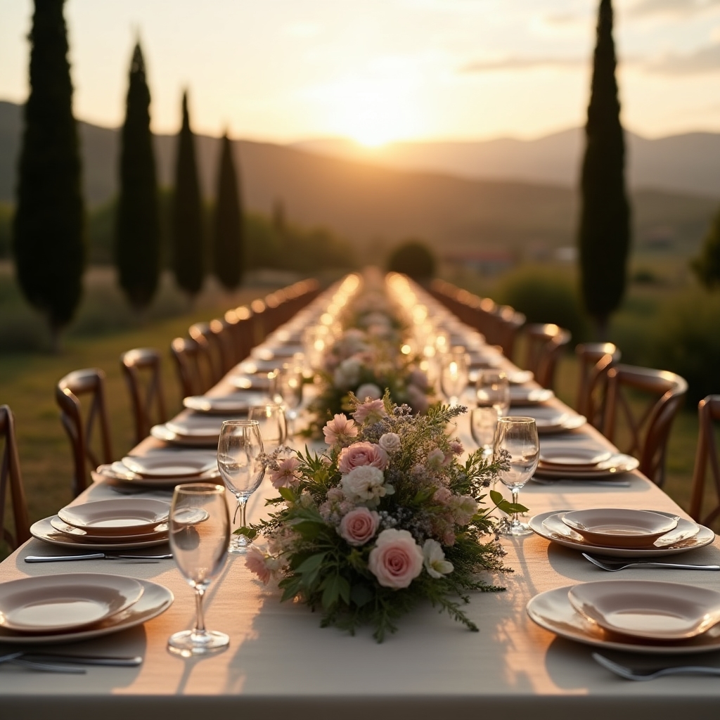 Tavolo di matrimonio allestito con fiori e ceramica in una location vicino a Firenze